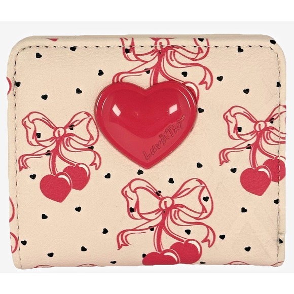 Betsey Johnson Handbags - Betsey Johnson Cherry Bow Wallet Cream Red Heart Logo Compact Wallet NWT